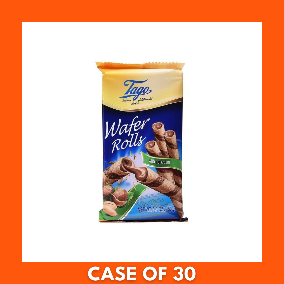 Single 150 g package of Tago Hazelnut Wafers for sale, compact retail pack labeled hazelnut wafer snack