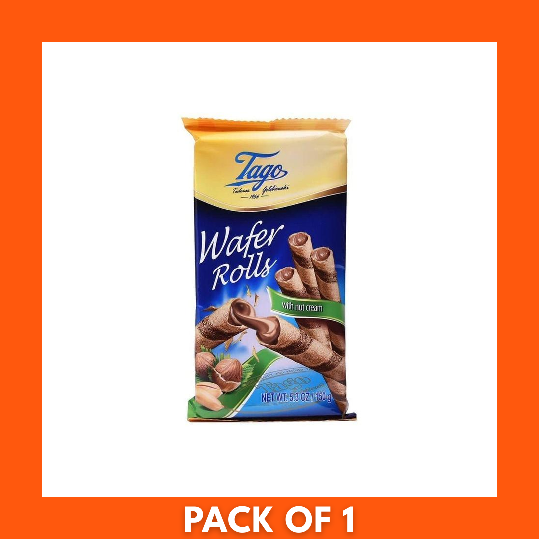 Front-facing pack of Tago Hazelnut Wafers, single 150 g unit showing brand logo and hazelnut flavor label