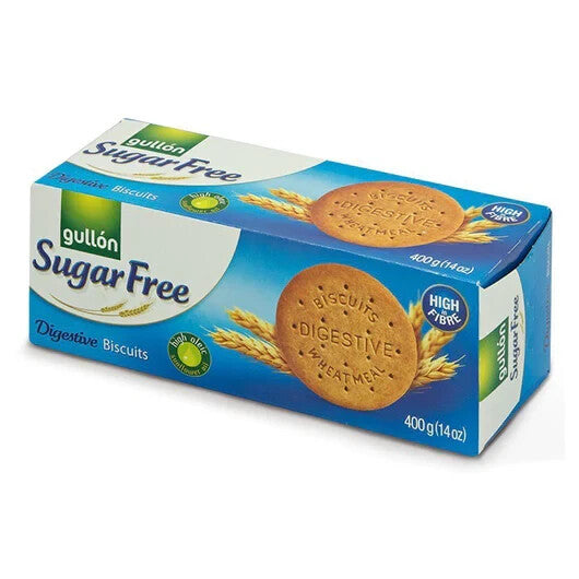 Close-up of Gullón Sugar Free Digestive Biscuits 400 g pack with a broken biscuit revealing its crumbly, sugar-free interior