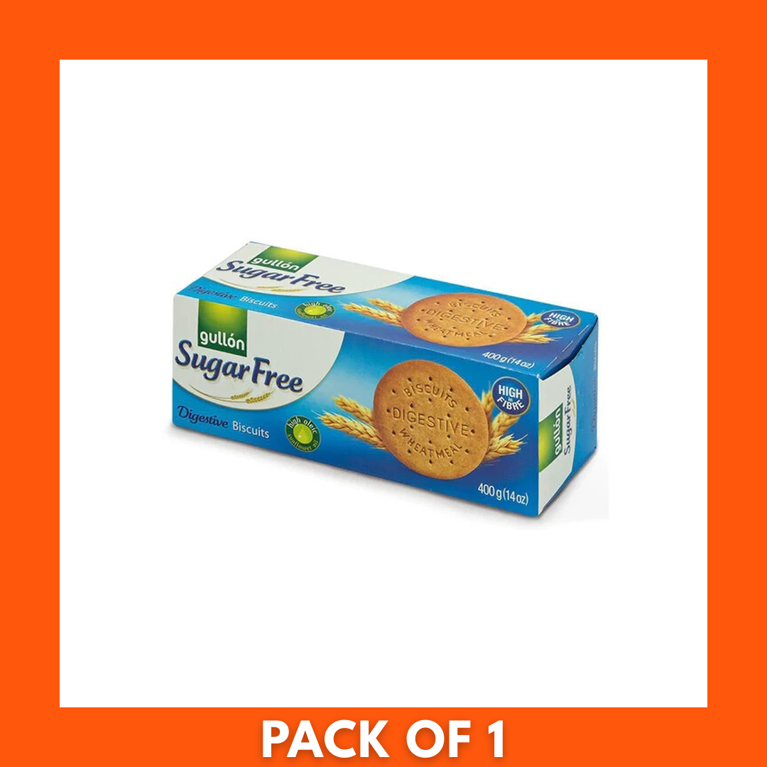 Gullón Sugar Free Digestive Biscuits 400 g — single pack beside round golden-brown biscuits showing crisp texture