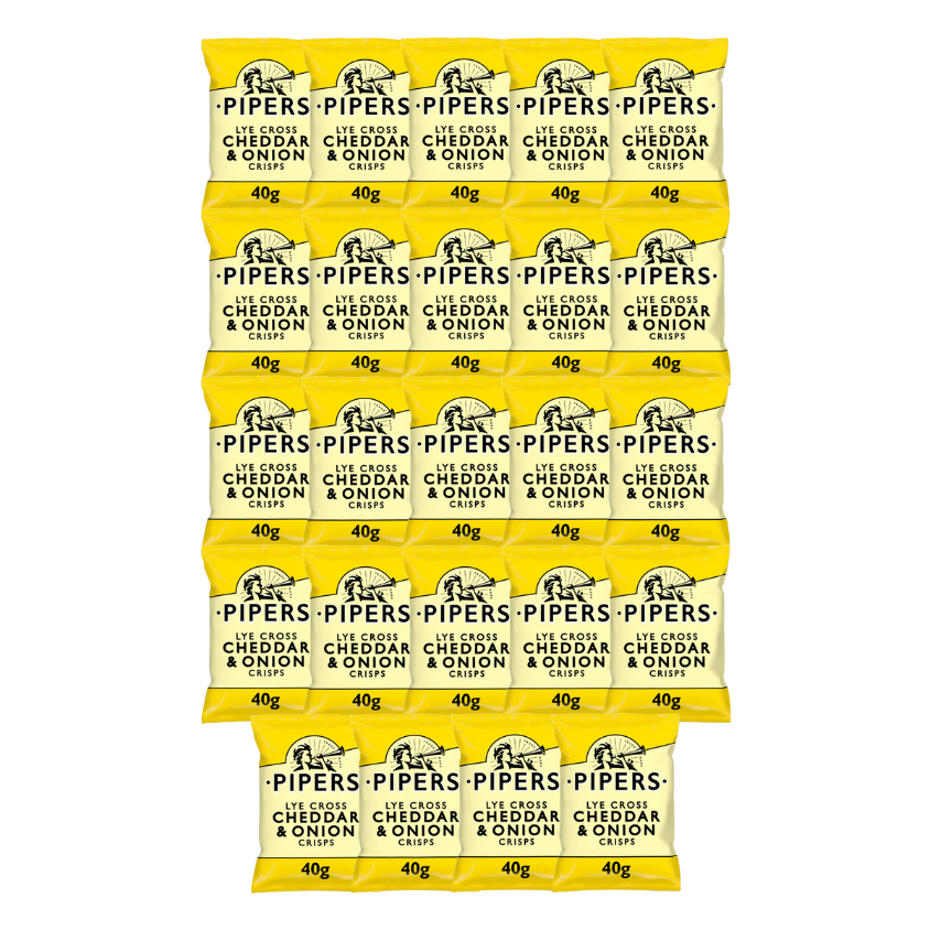 PIPERS Lye Cross Cheddar & Onion Crisps in their 40g packaging.