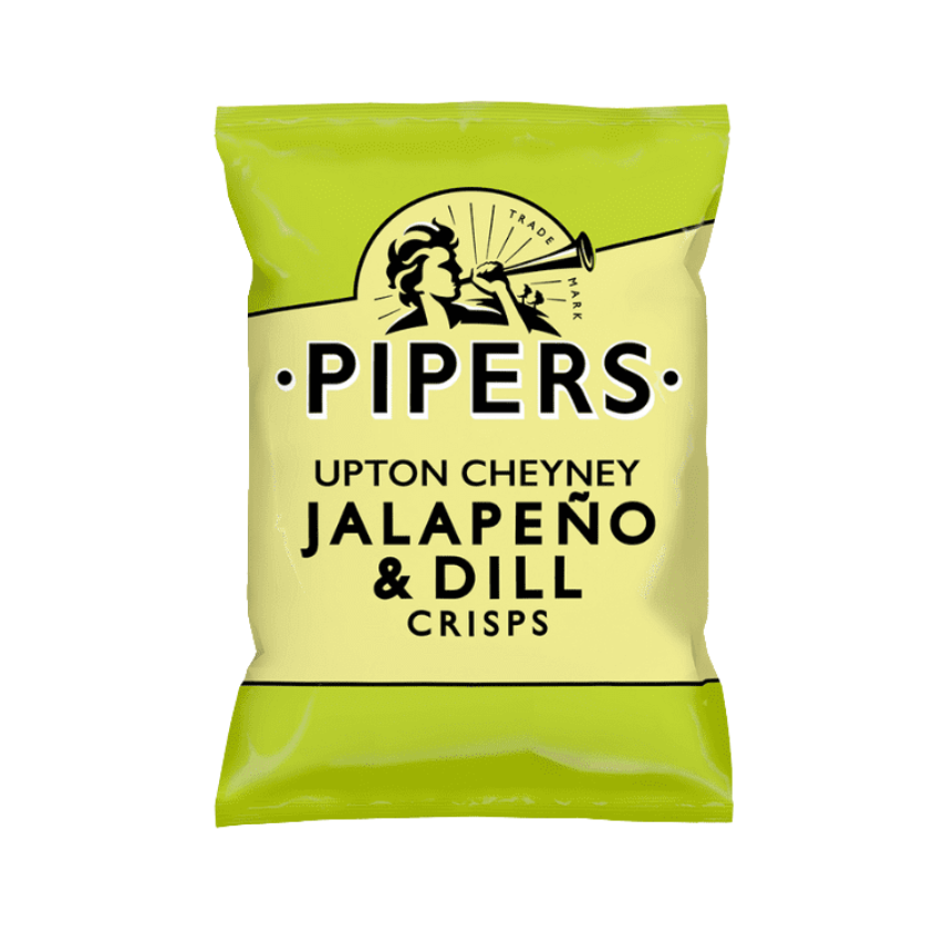 A close-up of crisps with fresh jalapeños and dill in the background.