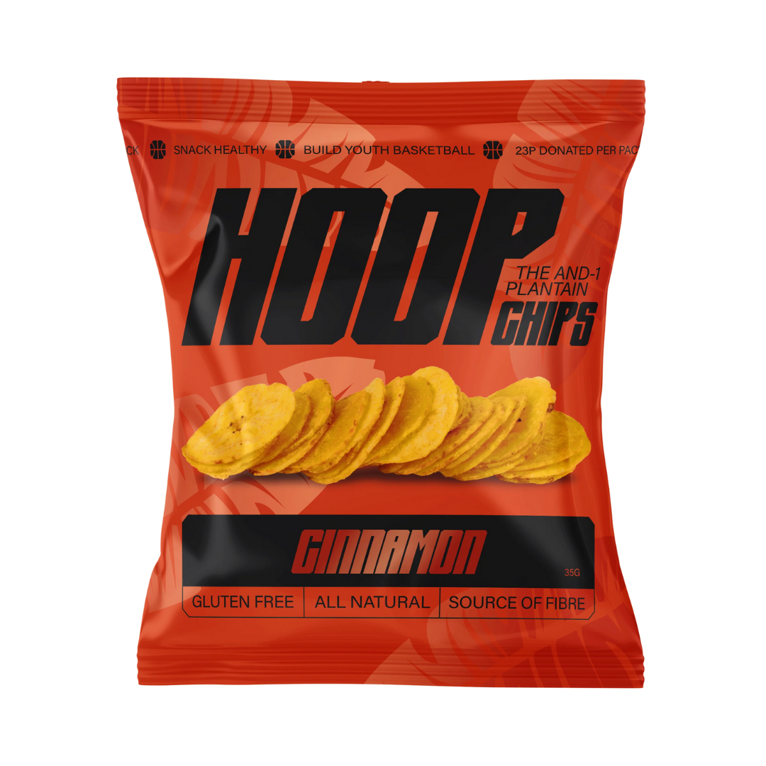 Single 35g HOOP CHIPS Cinnamon Ripe Plantain Chips bag — orange packaging showing ripe plantain and cinnamon illustration with golden round chips