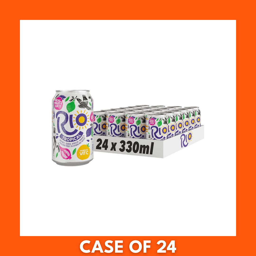 Rio Tropical GB 24 x 330ml multipack — cardboard box showing 24 bright, tropical-themed 330ml soft drink cans with colorful palm-leaf and fruit graphics, front view for retail