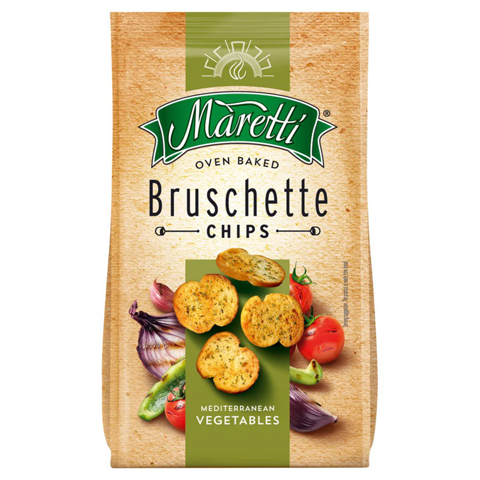 14-pack Maretti Mediterranean Vegetables Bruschette 70g each — thin, crunchy tomato & herb bruschette chips in single-serve bags