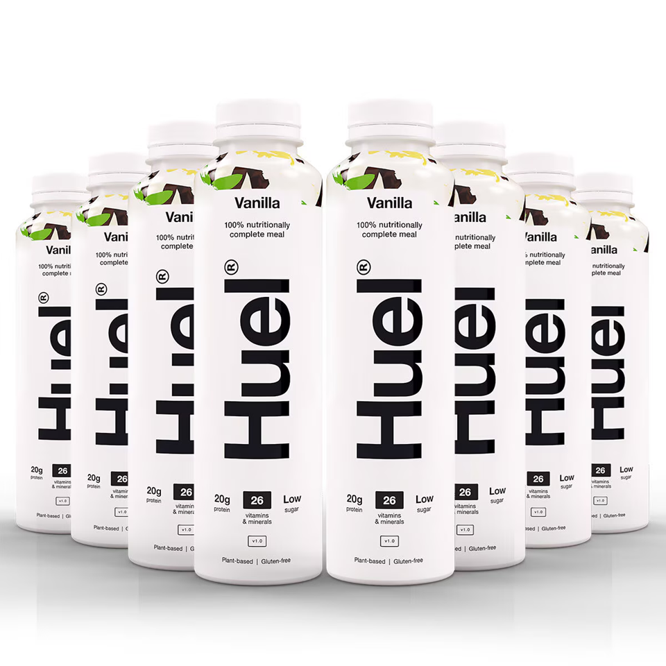 Front view of 500ml Huel Vanilla Complete Meal Drink showing branding and packaging; vanilla meal-replacement drink, ready to consume