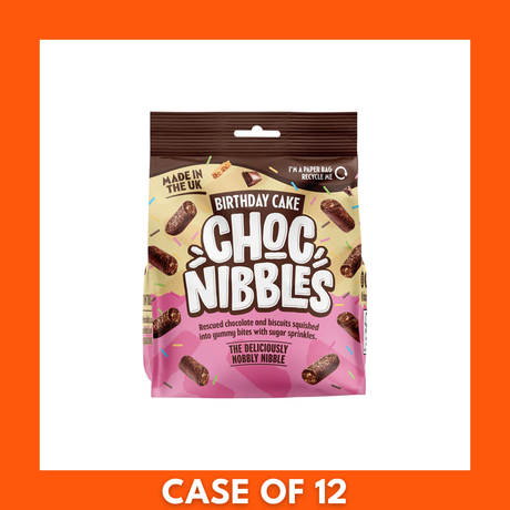 Pack of 12 Chocolate Nibbles Birthday Cakes, 135g each — row of chocolate birthday cakes topped with creamy frosting and colorful rainbow sprinkles, packed for retail display