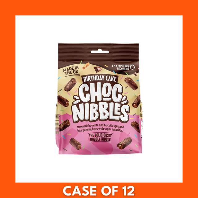 Pack of 12 Chocolate Nibbles Birthday Cakes, 135g each — row of chocolate birthday cakes topped with creamy frosting and colorful rainbow sprinkles, packed for retail display