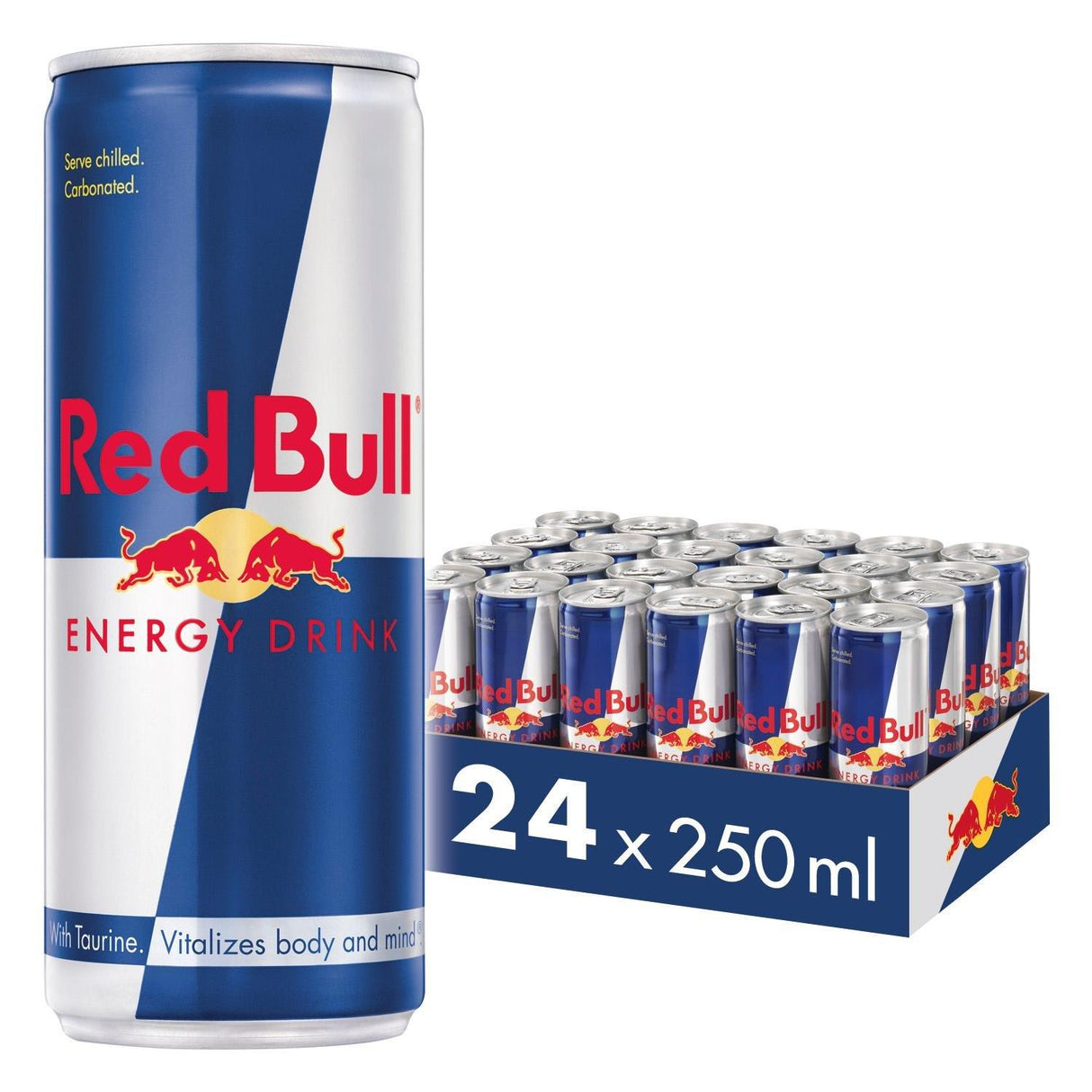 Sealed case of Red Bull 24 x 250ml for EU distribution, a multipack of aluminum energy drink cans with blue-silver design and visible nutrition labeling