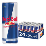 Sealed case of Red Bull 24 x 250ml for EU distribution, a multipack of aluminum energy drink cans with blue-silver design and visible nutrition labeling