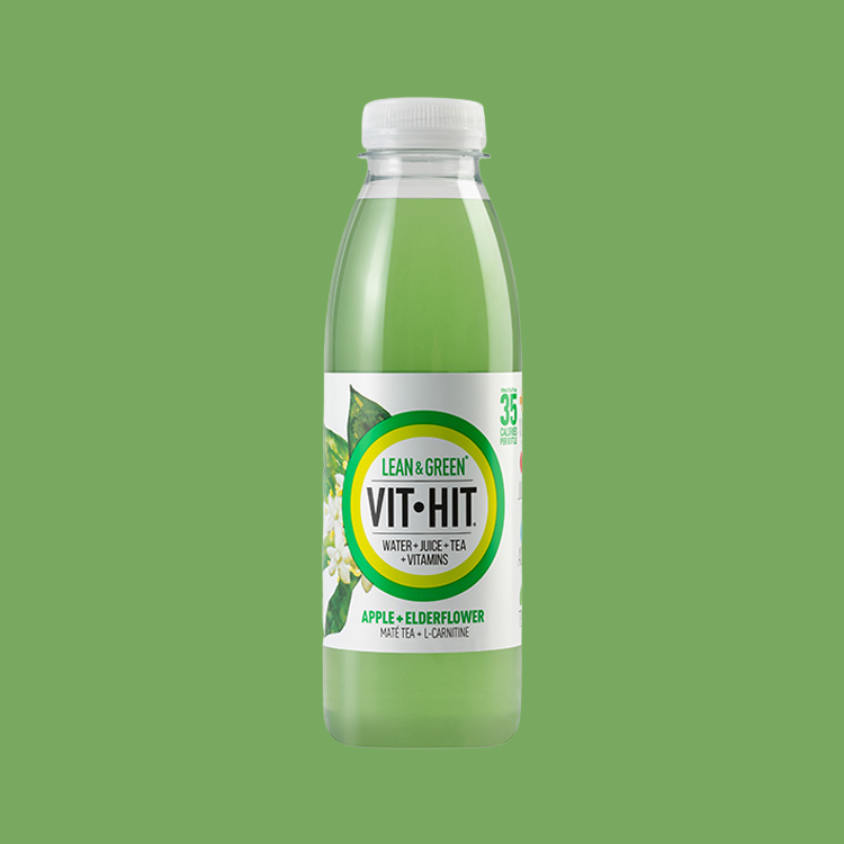 Close-up of a chilled Vit Hit Lean & Green bottle highlighting its weight management benefits.