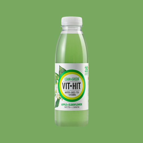 Close-up of a chilled Vit Hit Lean & Green bottle highlighting its weight management benefits.