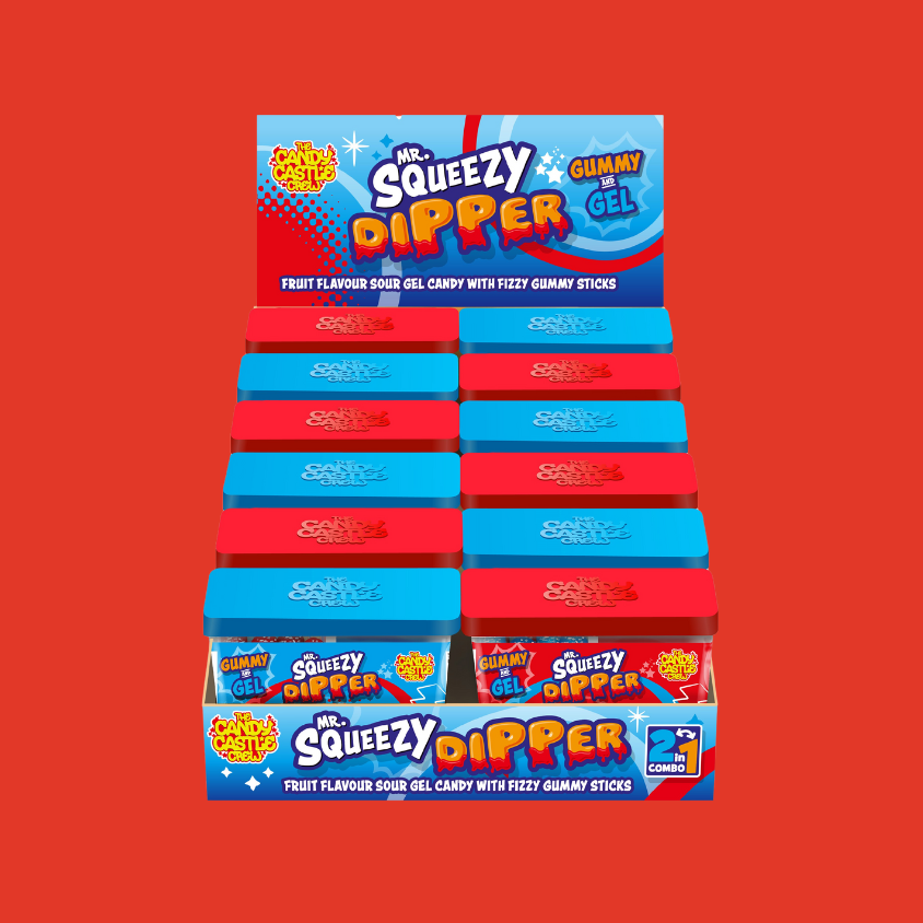 Wholesale display case featuring 12 Mr Squeezy Candy Dipper units, ideal for stores and parties.