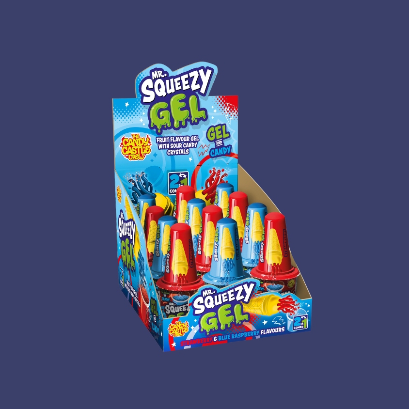 Wholesale display case of 12 Mr Squeezy Gel tubes, perfect for candy stores and party treats.