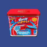 A mix of blue raspberry and strawberry flavored fizzy gummy sticks dipped in tangy blue raspberry gel.