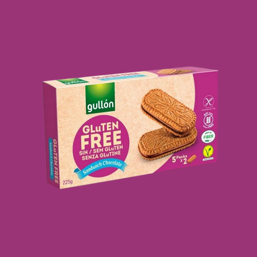 Close-up of Gullon sandwich biscuits with chocolate filling