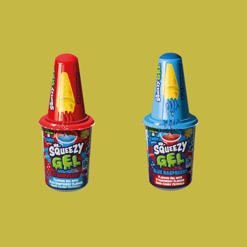 A hand squeezing Mr Squeezy Gel onto a spoon, showcasing its fun and interactive candy experience.