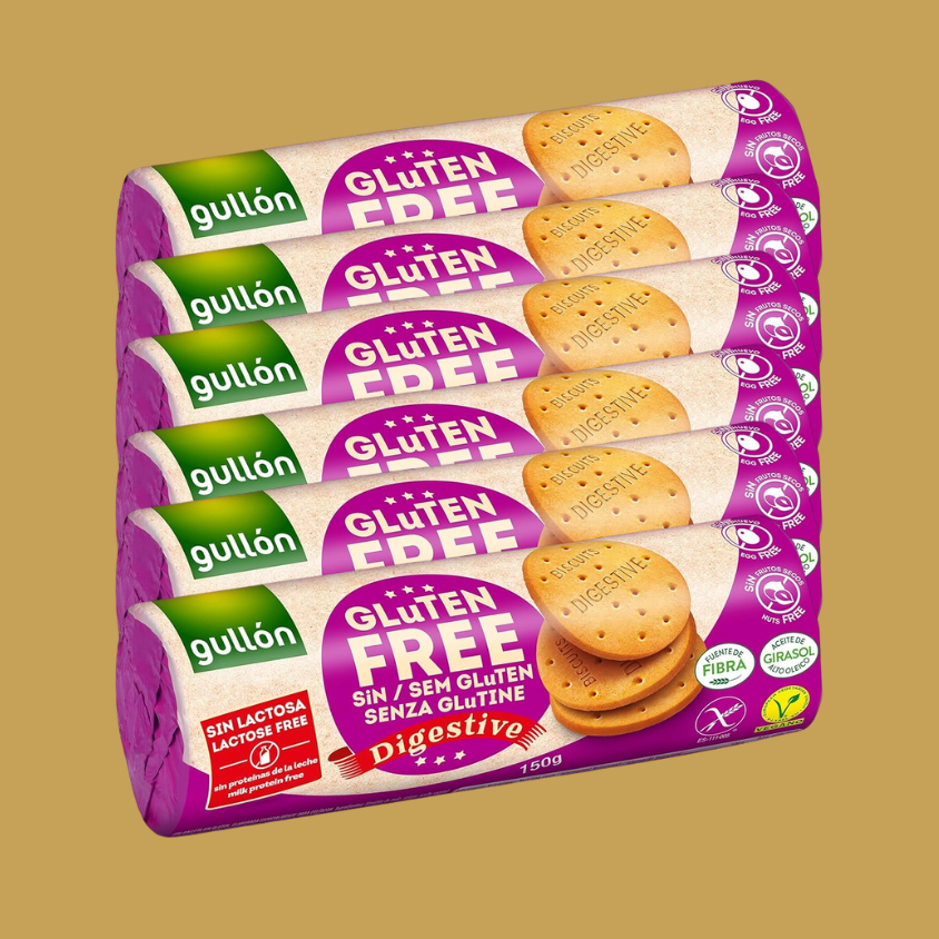 Multipack of 6 Gullon Digestive Biscuits laid out on table

