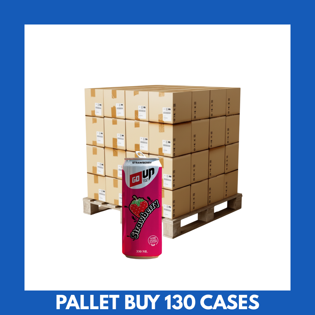 Go Up Strawberry 330ml cans arranged in a 24-pack case
