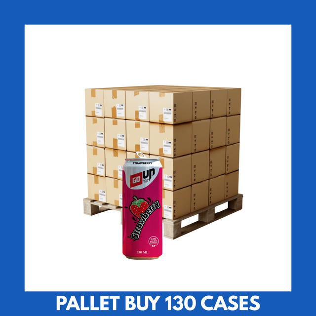 Go Up Strawberry 330ml cans arranged in a 24-pack case