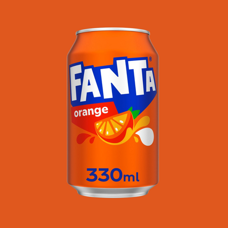 Stack of 24 Fanta cans arranged on a metal shelf

