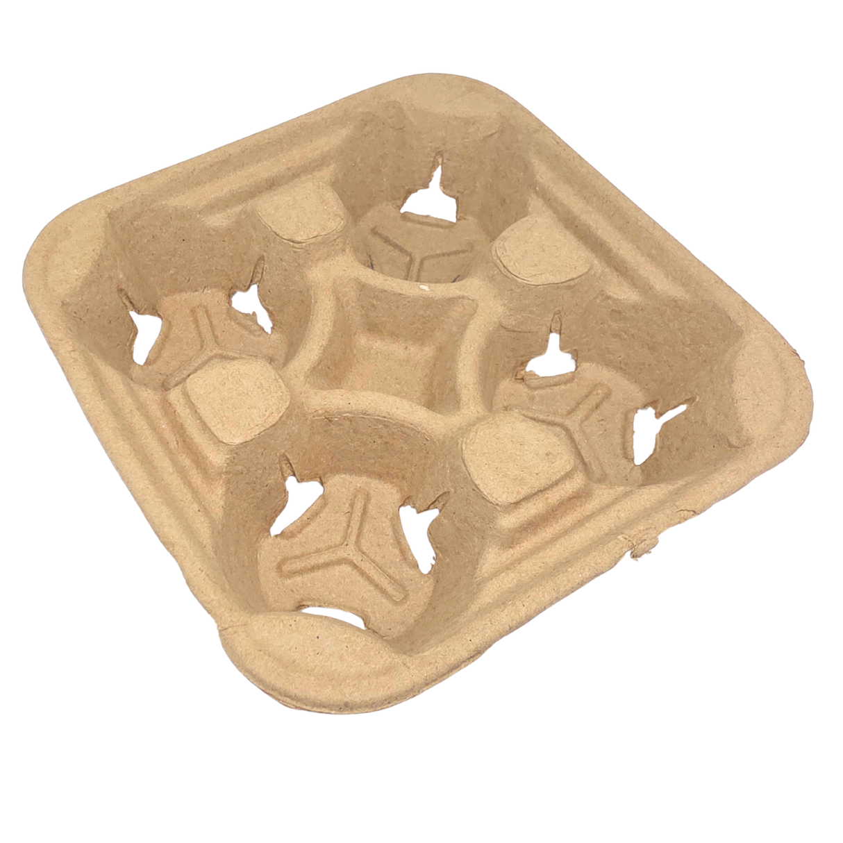 Single brown cardboard four-cup drink tray shown with 180pcs bulk packaging — eco-friendly disposable cup carrier for coffee shops and catering