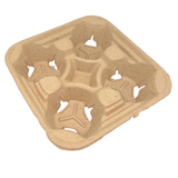 Single brown cardboard four-cup drink tray shown with 180pcs bulk packaging — eco-friendly disposable cup carrier for coffee shops and catering