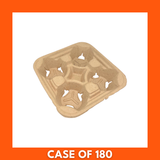 Stack of 180 brown corrugated cardboard takeaway four-cup trays neatly bundled, disposable drink carriers for cafes, events and takeout