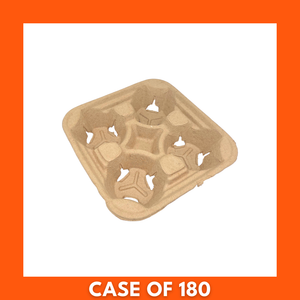 Stack of 180 brown corrugated cardboard takeaway four-cup trays neatly bundled, disposable drink carriers for cafes, events and takeout