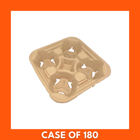 Stack of 180 brown corrugated cardboard takeaway four-cup trays neatly bundled, disposable drink carriers for cafes, events and takeout
