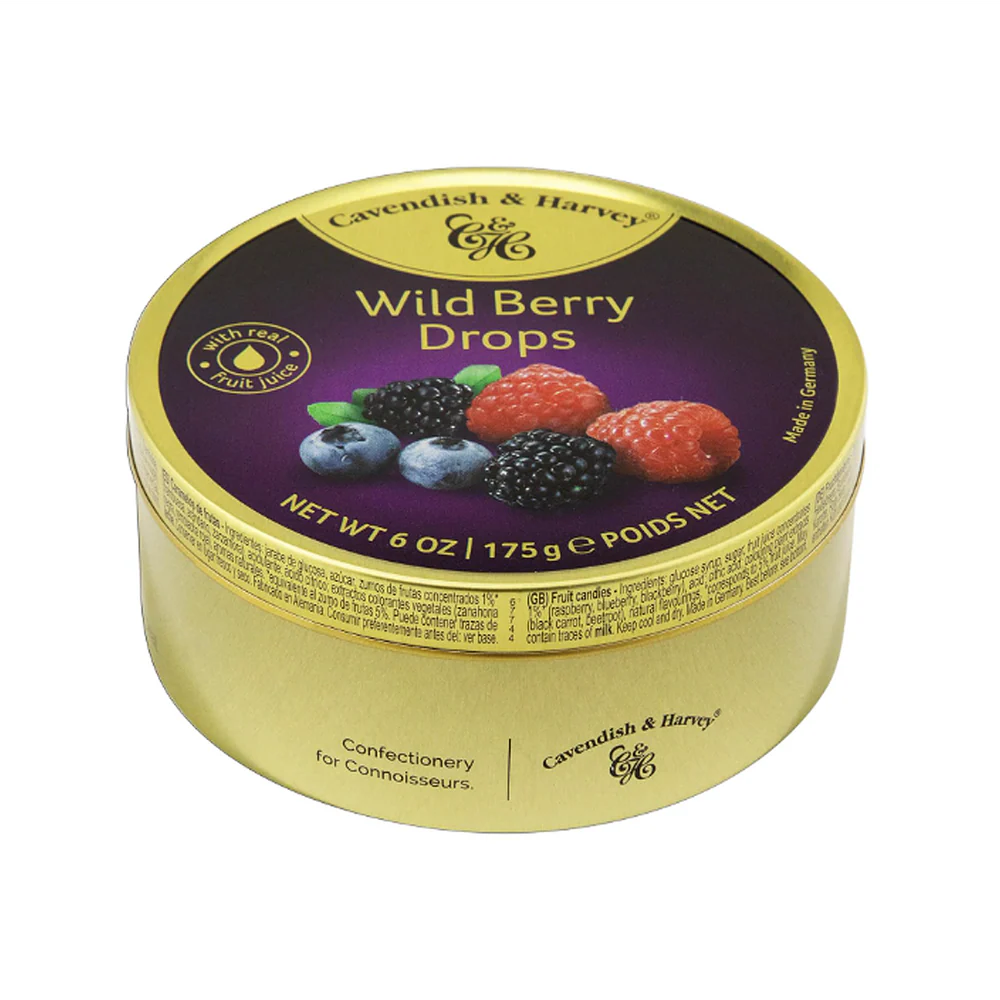 Front product shot: Cavendish & Harvey Hard Candy Drops Wild Berry 1 x 175g glass jar with silver lid and berry-themed label on white background