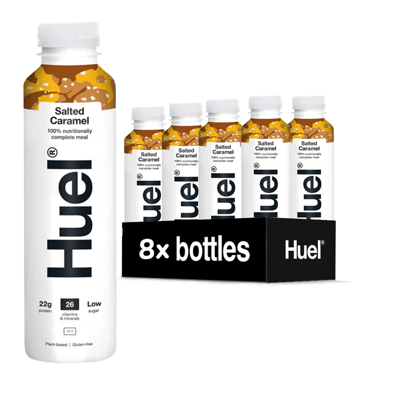 Pack of 8 Huel 500ml Salted Caramel Complete Meal Drinks — convenient ready-to-drink meal replacement bottles in salted caramel flavor