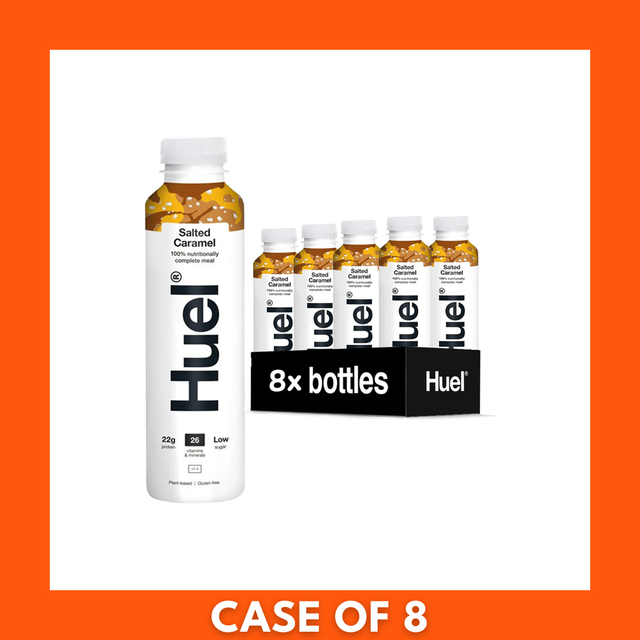 Huel Salted Caramel Complete Meal Drink 500ml x 8 — box of eight ready-to-drink bottles, salted caramel meal replacement for on-the-go nutrition