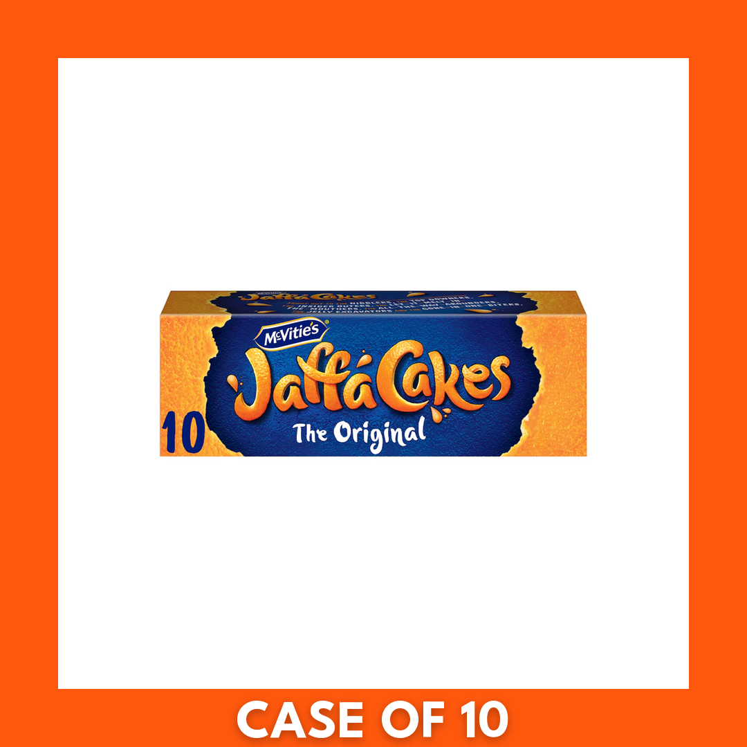 Pack of 10 McVities Jaffa Cakes with one cake split to show bright orange jelly center and chocolate topping on sponge biscuit