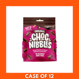 Case of 12 Chocolate Nibbles Original 135g packs neatly arranged in a cardboard box, front-facing packaging showing the product name for bulk purchase