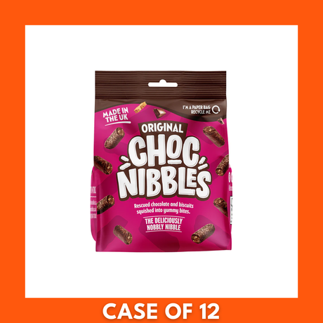 Case of 12 Chocolate Nibbles Original 135g packs neatly arranged in a cardboard box, front-facing packaging showing the product name for bulk purchase