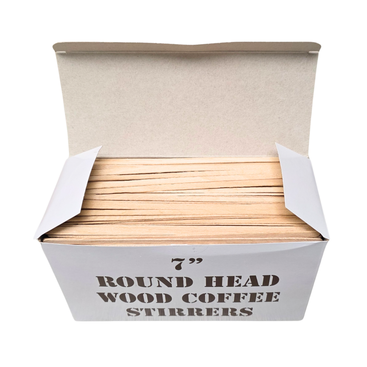 Neatly stacked 7-inch round-head natural wood stirrers, smooth finish, bulk 1,000 pcs ideal for cafés, offices and events — biodegradable disposable sticks