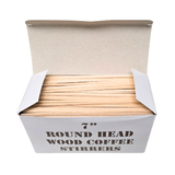 Neatly stacked 7-inch round-head natural wood stirrers, smooth finish, bulk 1,000 pcs ideal for cafés, offices and events — biodegradable disposable sticks
