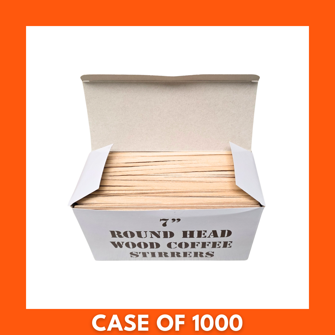 Close-up of 7-inch round-head wooden coffee stirrers in a 1,000-piece bulk pack — smooth natural disposable sticks for coffee and cocktails
