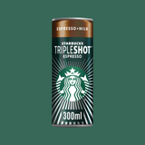 Opened Starbucks Tripleshot Espresso can showing iced coffee inside with condensation