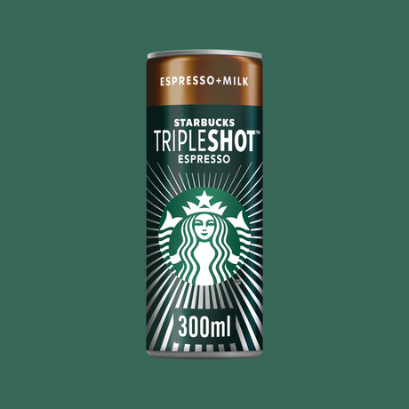 Opened Starbucks Tripleshot Espresso can showing iced coffee inside with condensation