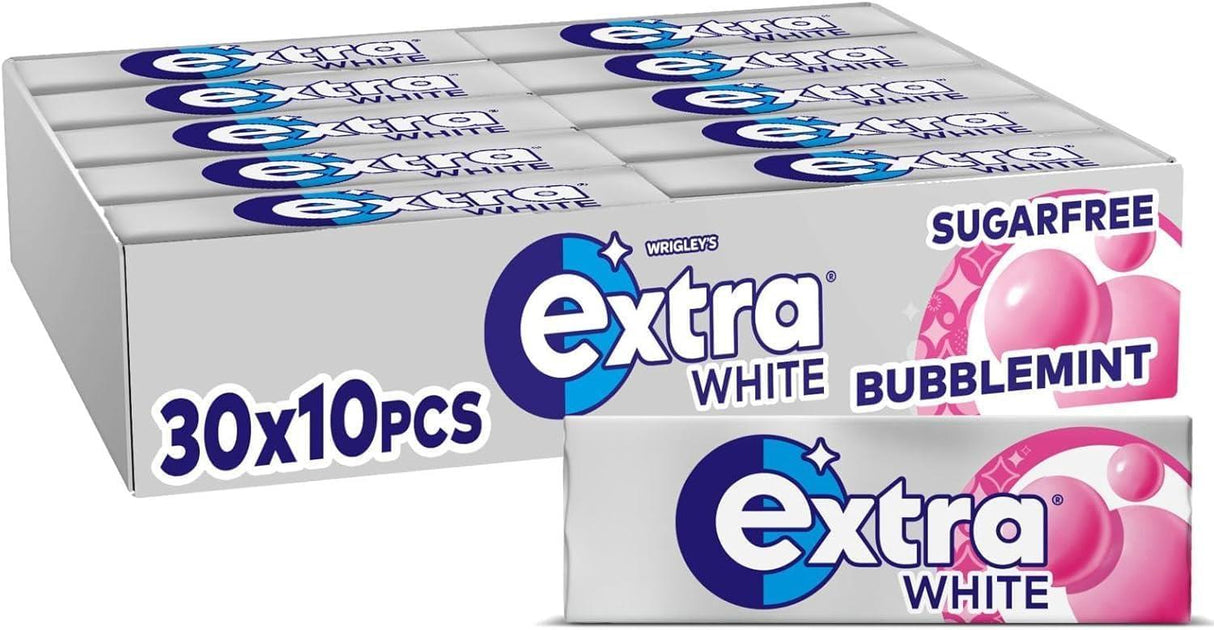 Case of Extra BubbleMint gum: 30 x 10-piece packs (30 packs of 10), packaged for resale or personal use with visible Extra logo and BubbleMint flavor on each pack.