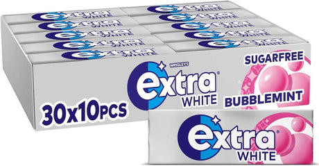 Case of Extra BubbleMint gum: 30 x 10-piece packs (30 packs of 10), packaged for resale or personal use with visible Extra logo and BubbleMint flavor on each pack.