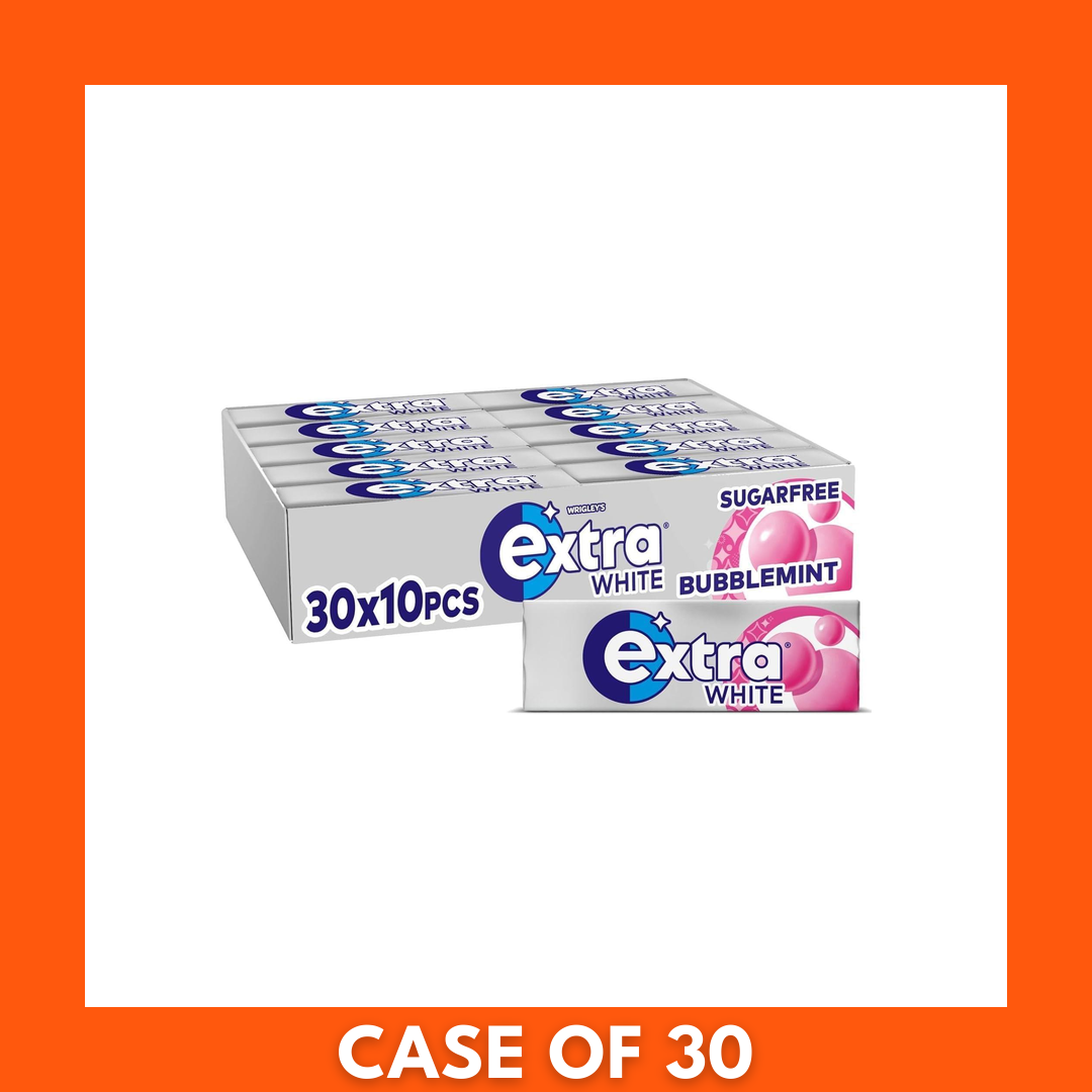 Extra BubbleMint chewing gum bulk case — 30 individual packs with 10 pieces each (30 x 10pcs), retail packaging showing Extra brand and BubbleMint flavor labels.