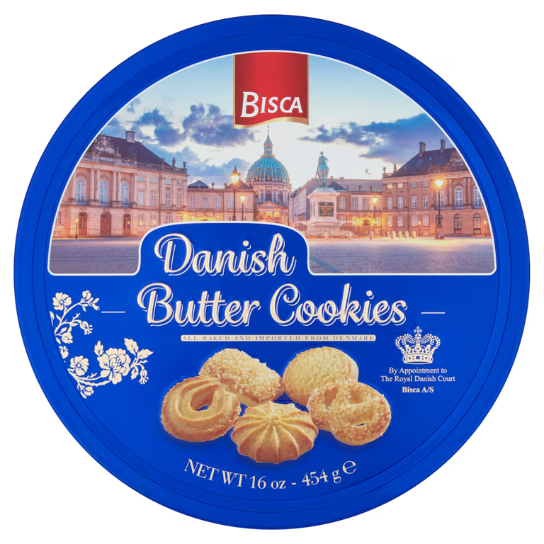 Open container of Bisca Butter Cookies (454g single pack) revealing golden round butter cookies neatly arranged inside
