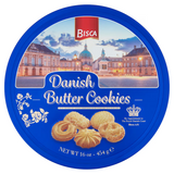 Open container of Bisca Butter Cookies (454g single pack) revealing golden round butter cookies neatly arranged inside