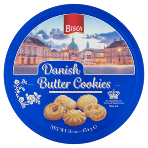 Open container of Bisca Butter Cookies (454g single pack) revealing golden round butter cookies neatly arranged inside