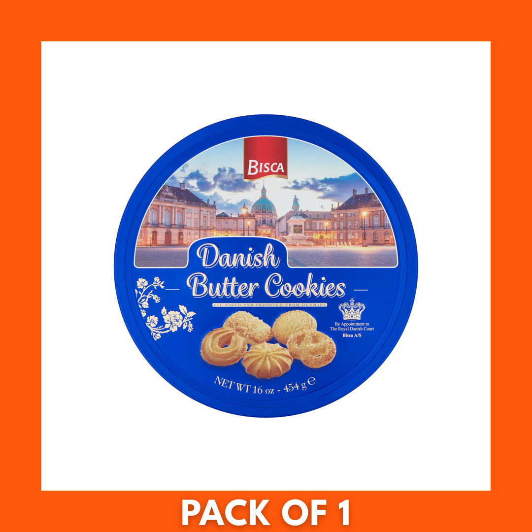Sealed pack of Bisca Butter Cookies (454g) showing the product packaging with Bisca logo and weight on the front