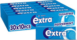 Open Extra Peppermint blister pack showing ten white-coated gum pieces beside the 30 x 10pcs bulk carton, highlighting refreshing peppermint flavor and sugar-free gum
