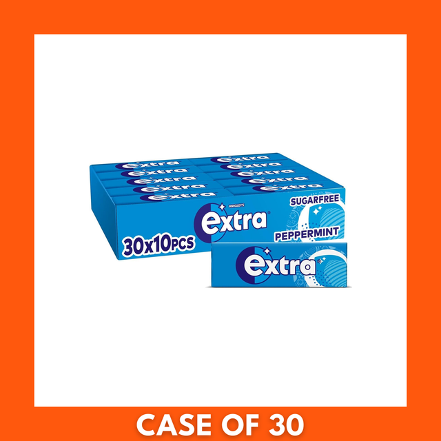 Bulk box of Extra Peppermint Gum 30 x 10pcs — thirty bright blue packs arranged in rows, each labeled 'Extra' and 'Peppermint' for a large supply